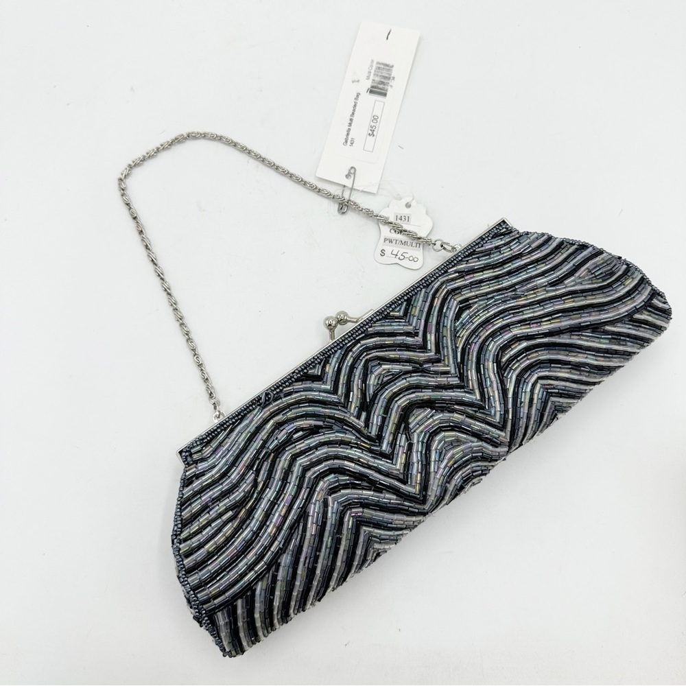Beaded Evening Clutch with Chain Strap - Silver/Gray